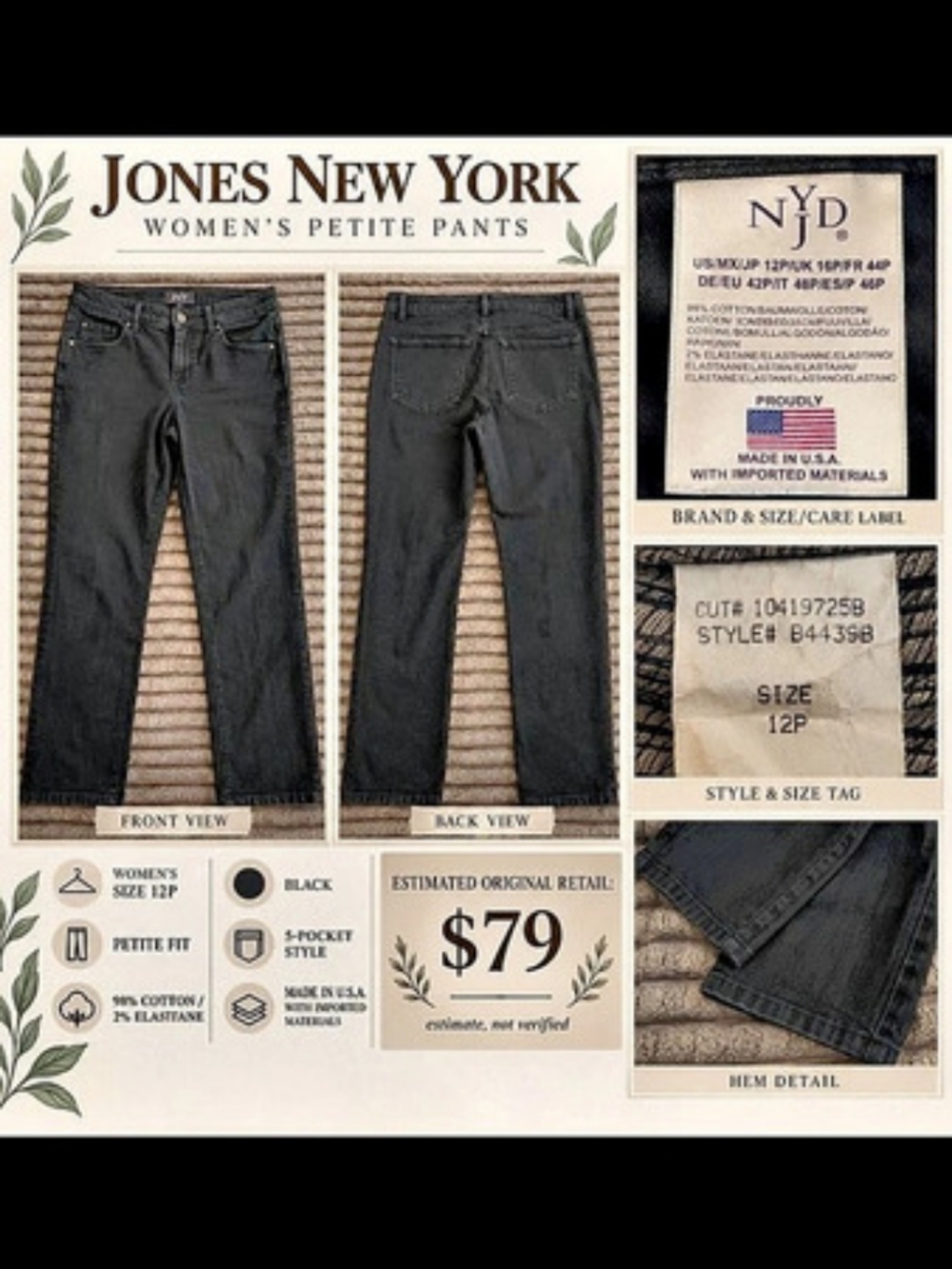 Jones New York Petite Black Straight Leg Pants 12P Cotton Stretch USA